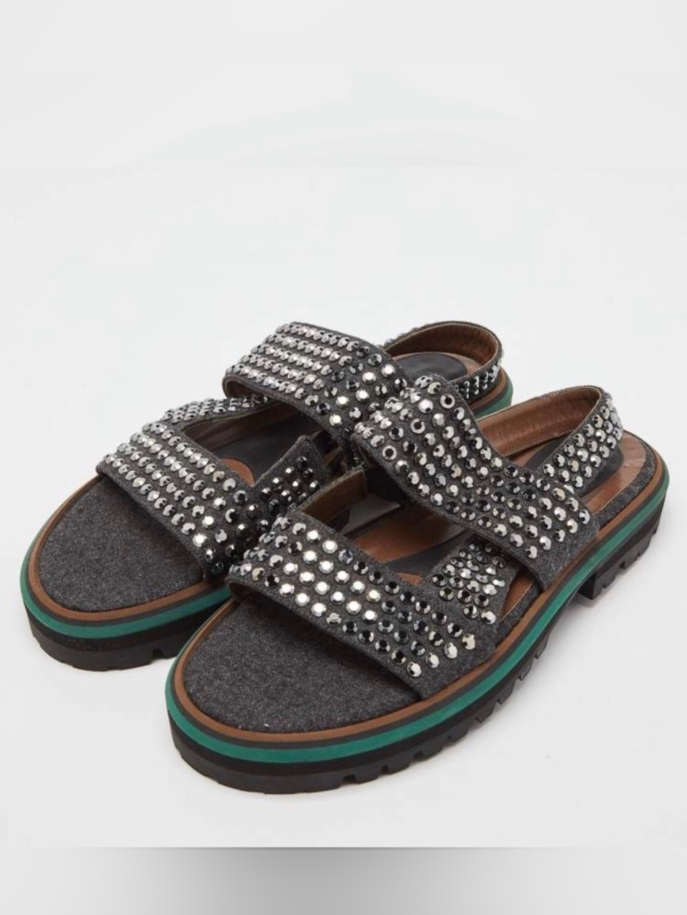 Marni Wool and Leather Crystal Embellished Gray Platform Sandals